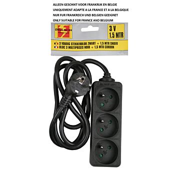 008552 Stekkerdoos A-pin 3-voudig + 1.5 mtr zwart