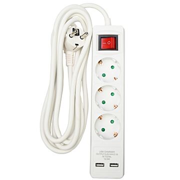 012561 Stekkerdoos 3-voudig + RA 3X1.5 + schakelaar + 2 x USB + 3 mtr