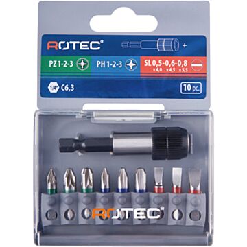 Rotec 10 dlg. 1/4" Bitset 25 mm PZ/PH/SL + Quick-lockhouder